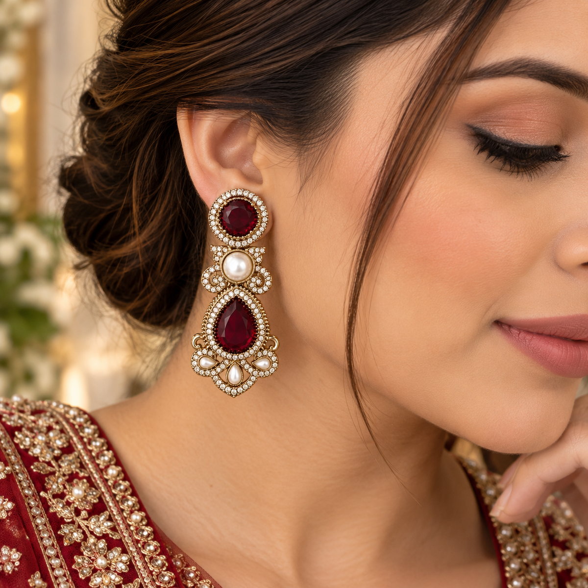 Drop Pearl Earrings - Maroon