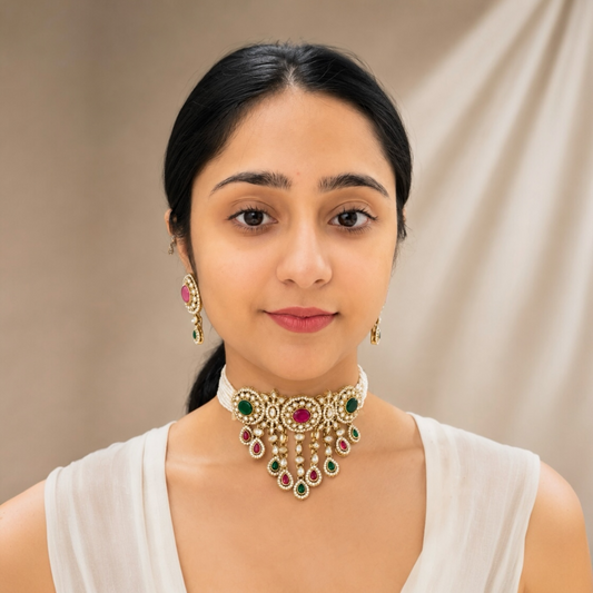 Vrinda Waterfall Choker-Rani Green