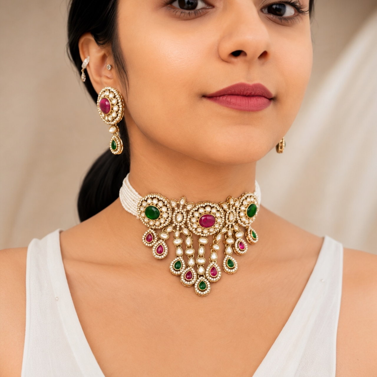 Vrinda Waterfall Choker-Rani Green