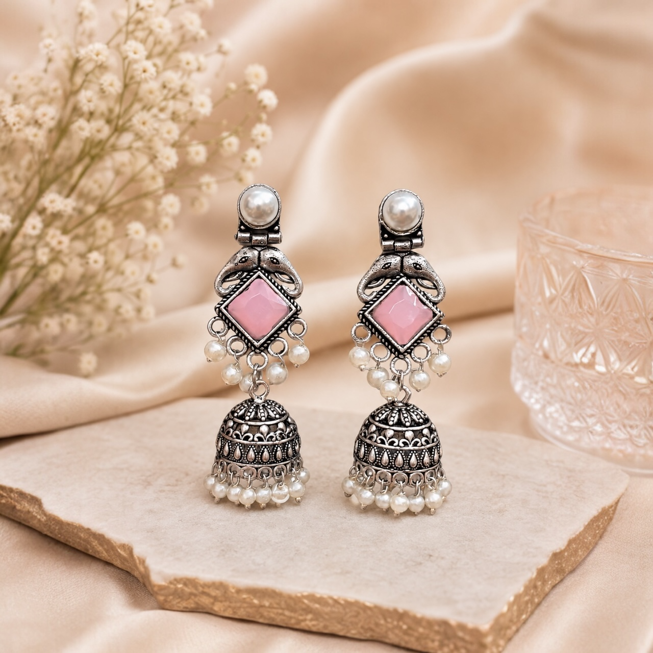 Gaju Brass Jhumka - Pink