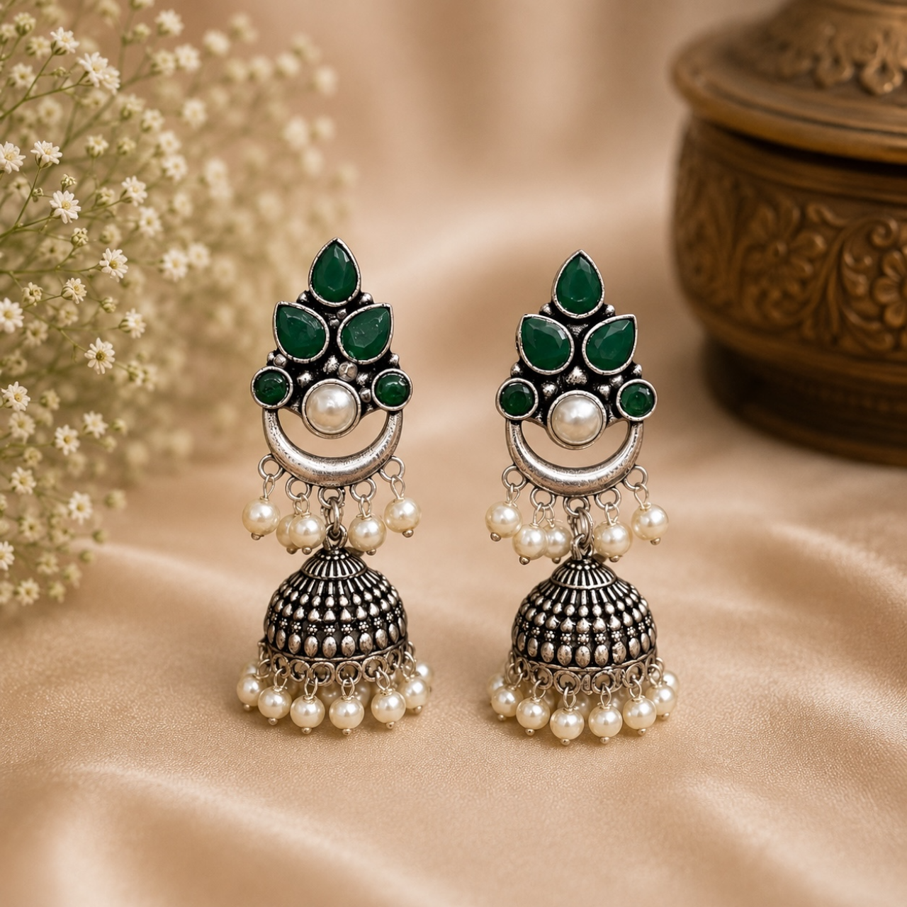 Tiny Brass Earrings - Green