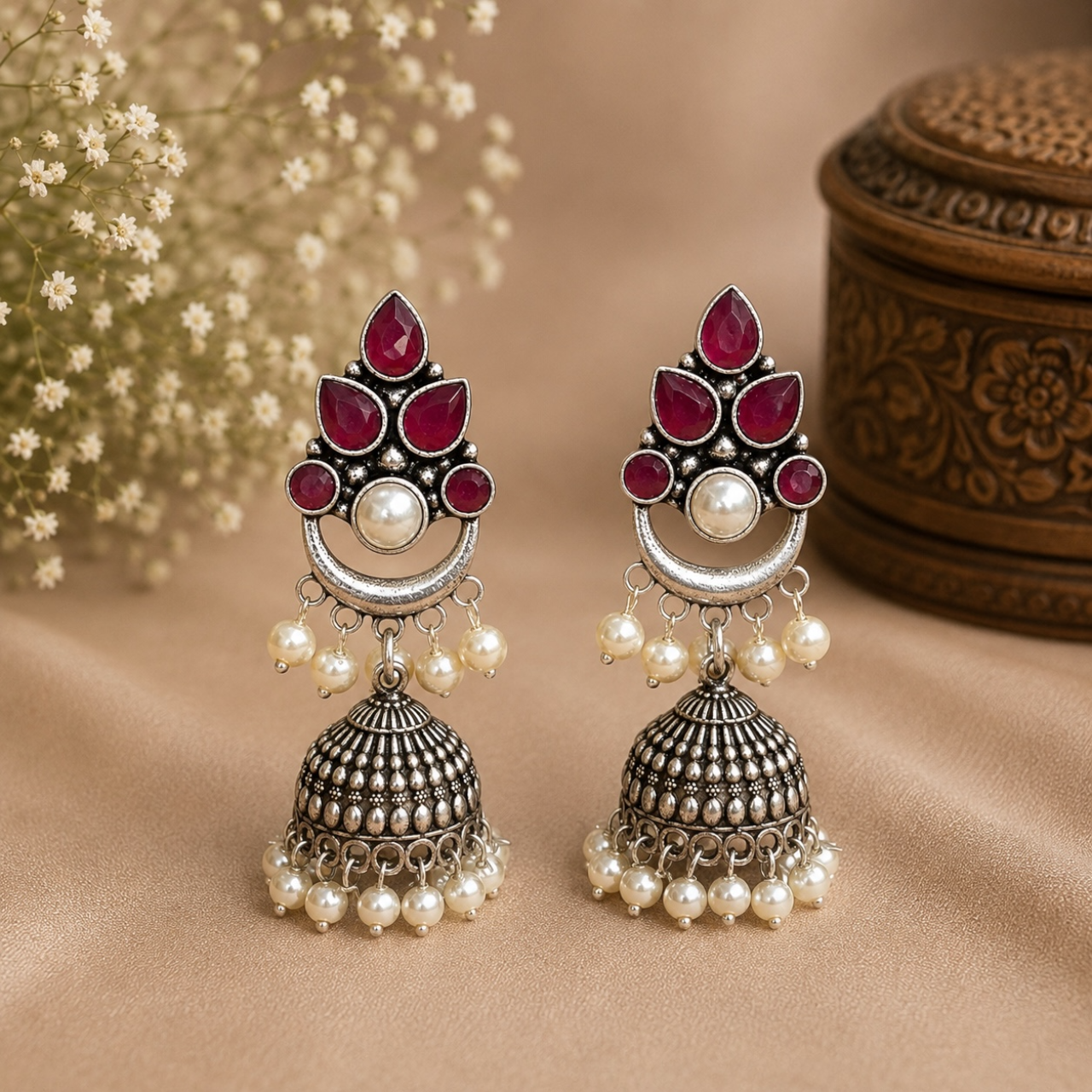Tiny Brass Earrings - Ruby