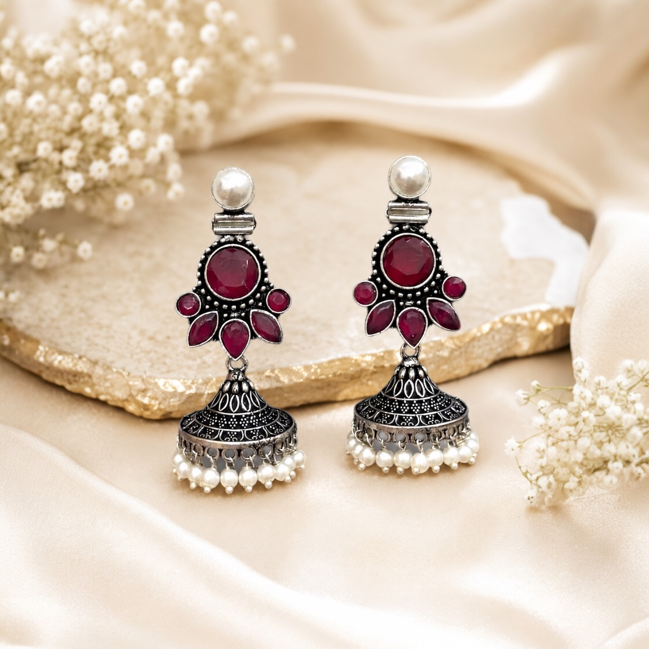 Mia Brass Jhumka - Red