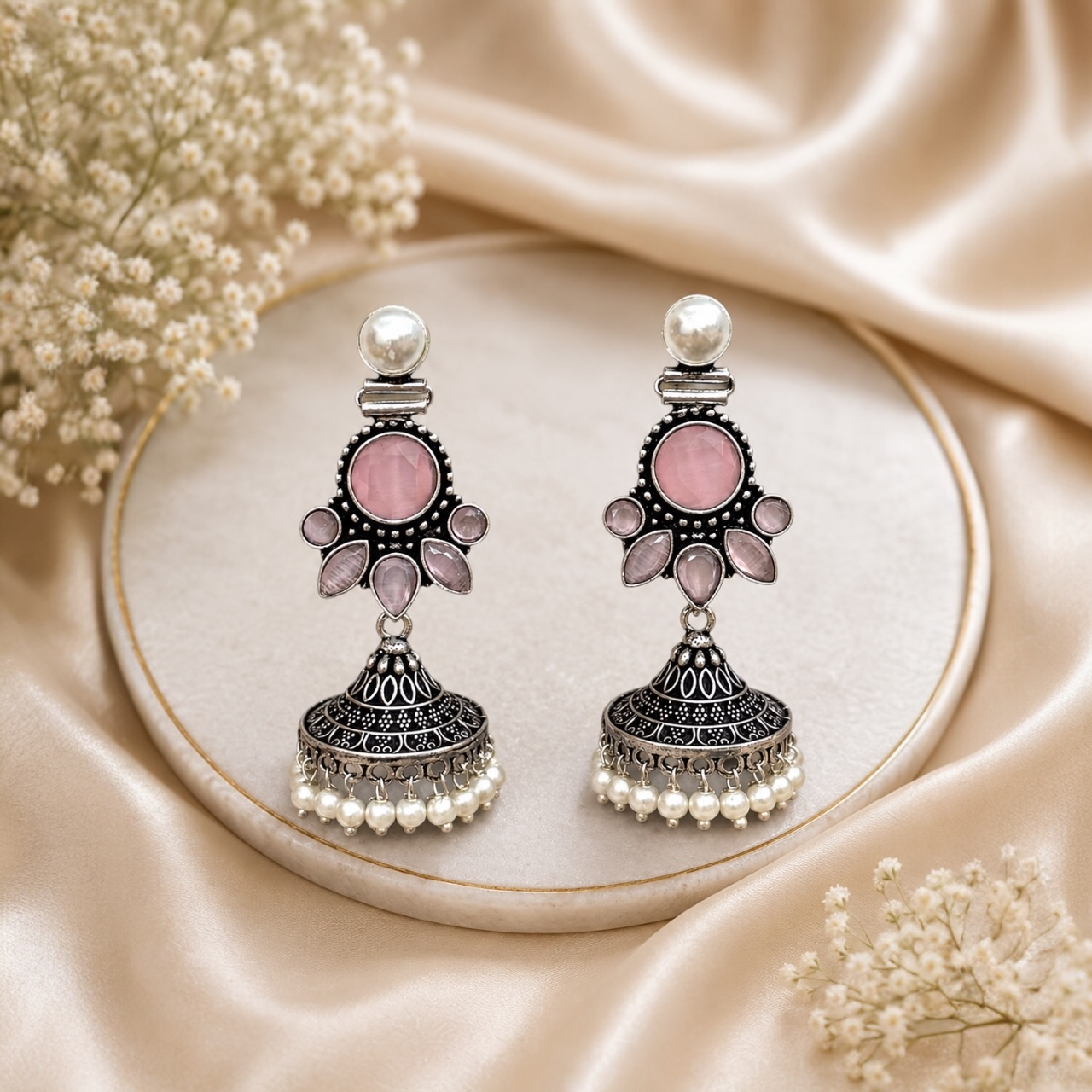 Mia Brass Jhumka - Pink
