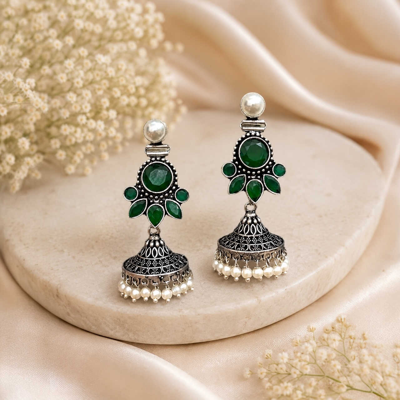 Mia Brass Jhumka - Green