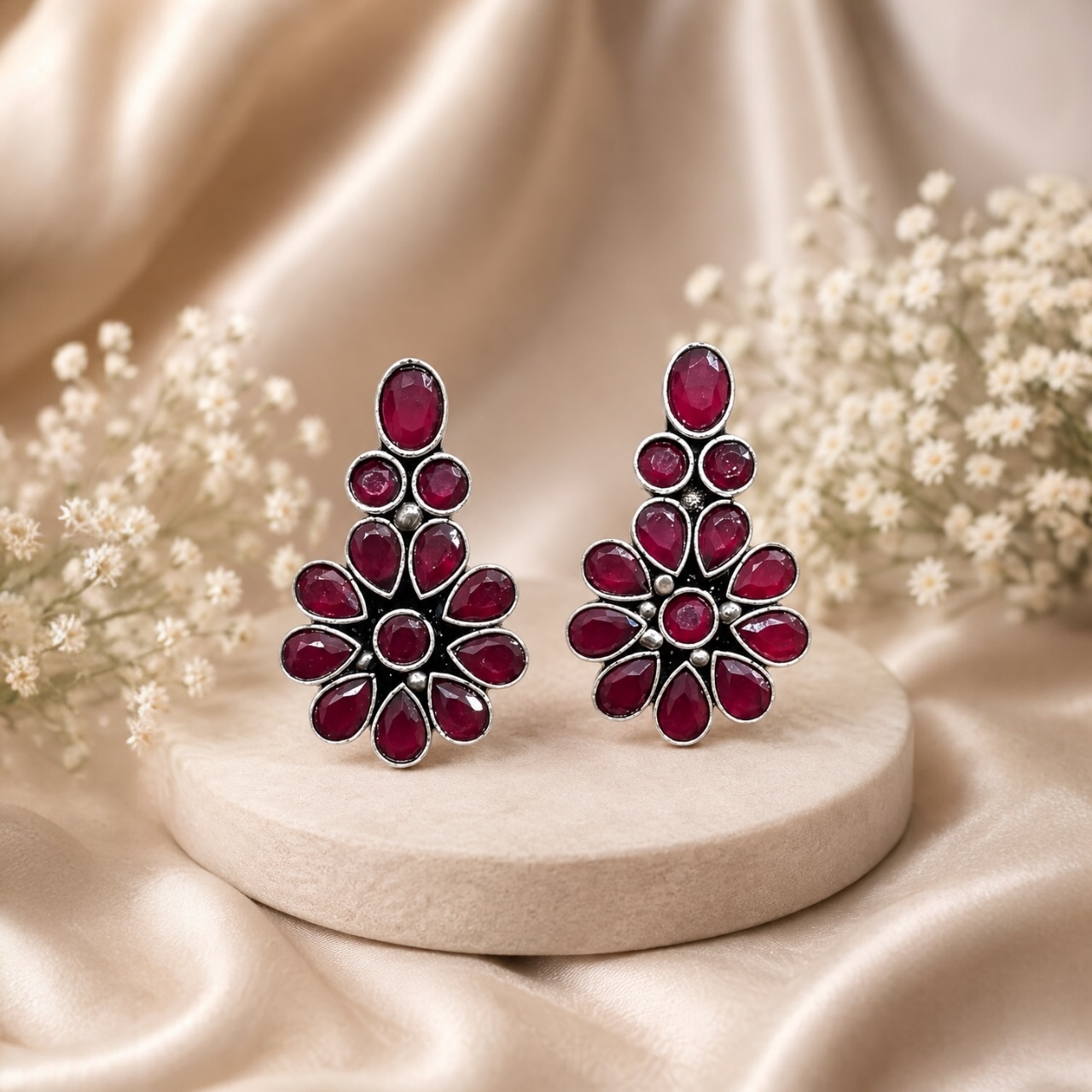 Petal Brass Studs - Ruby