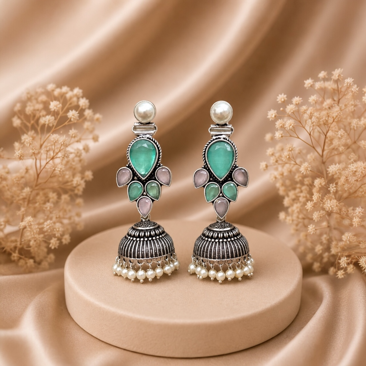 Jia Brass Jhumka - Mint