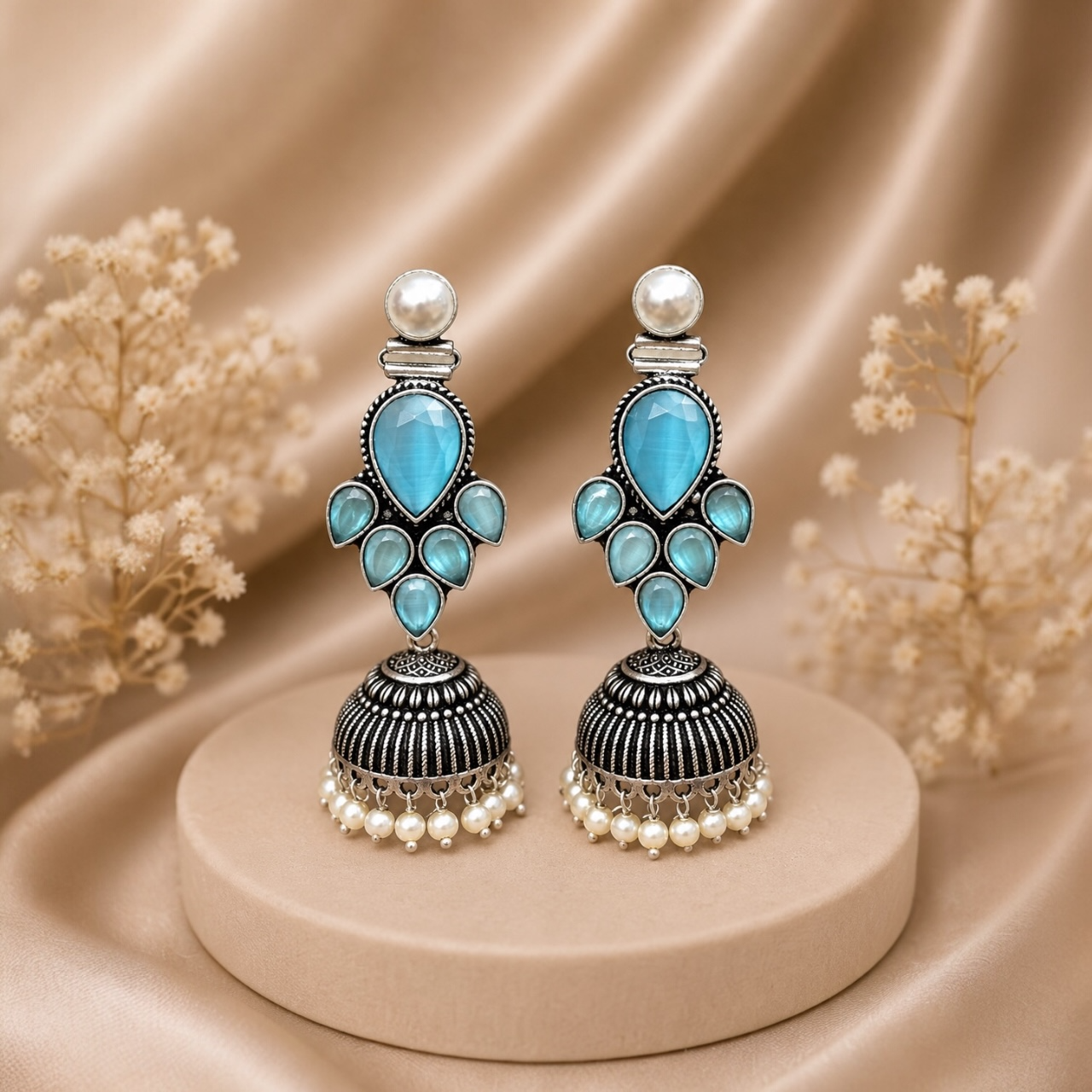 Jia Brass Jhumka - Sky