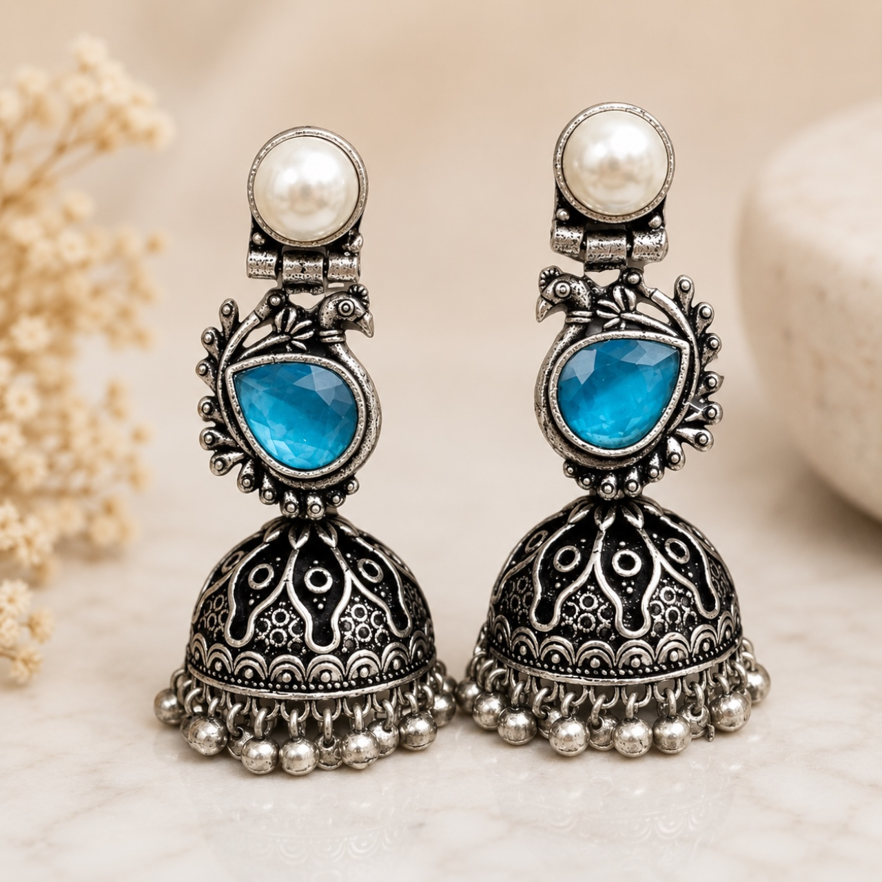 Zia Brass Jhumka - Blue
