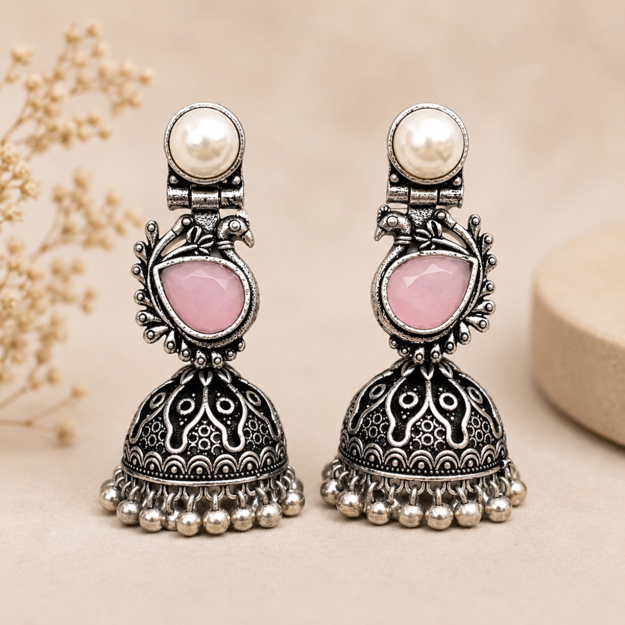 Zia Brass Jhumka - Pink