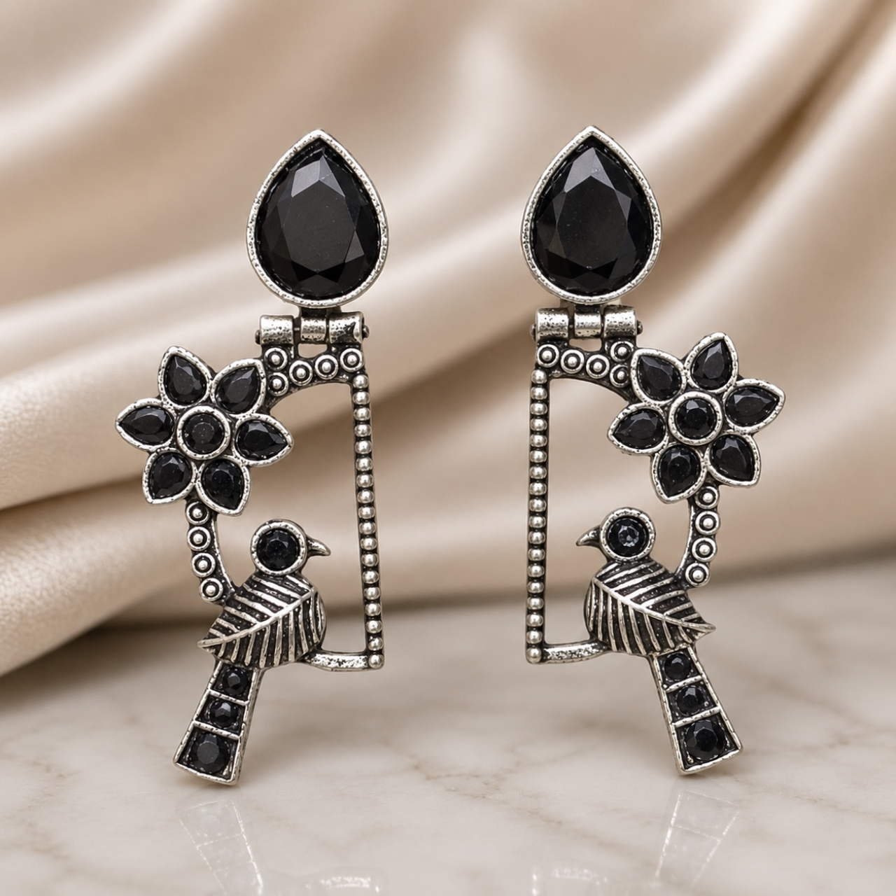 Bird Brass Earrings - Black