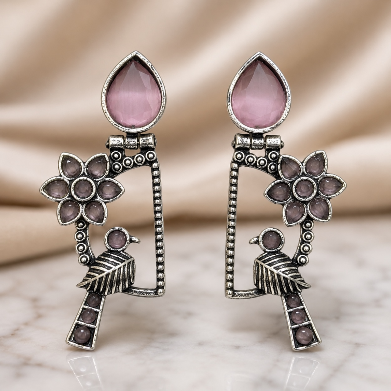 Bird Brass Earrings - Pink