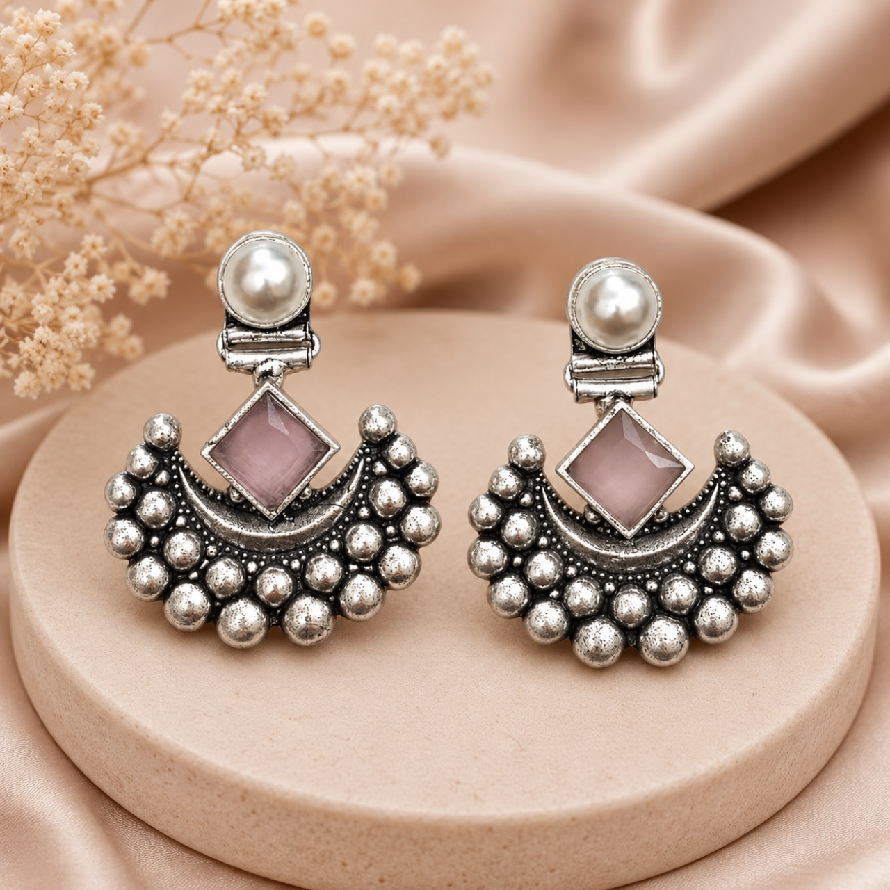 Arc Brass Earrings - Pink
