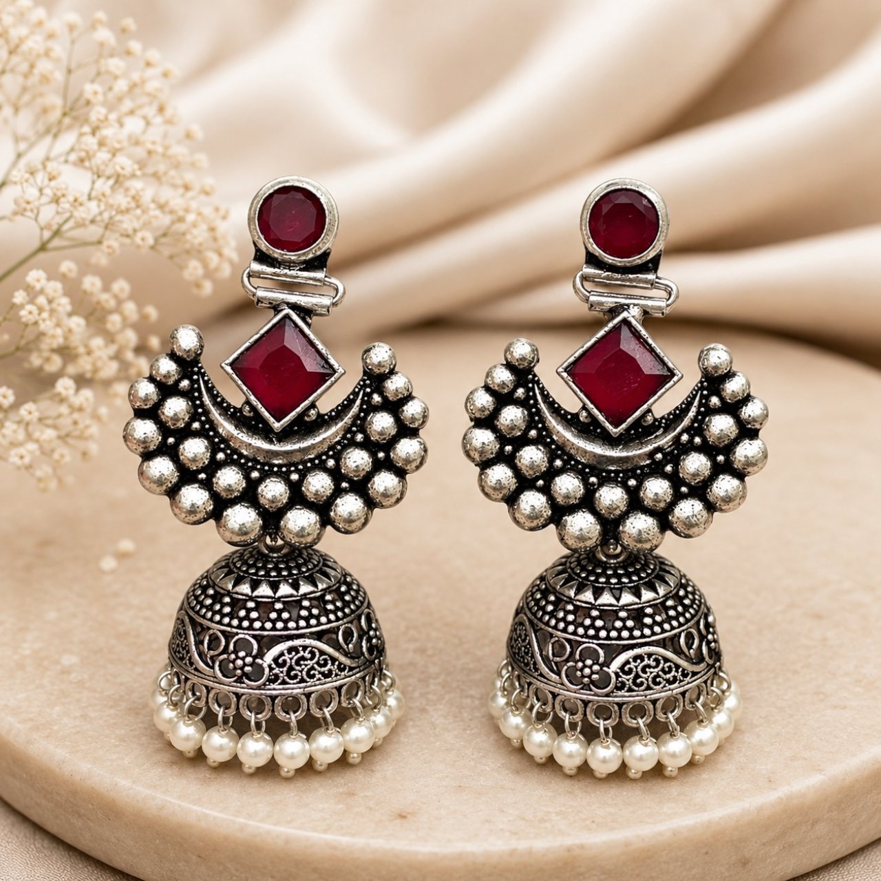 Gauri Brass Jhumka - Ruby