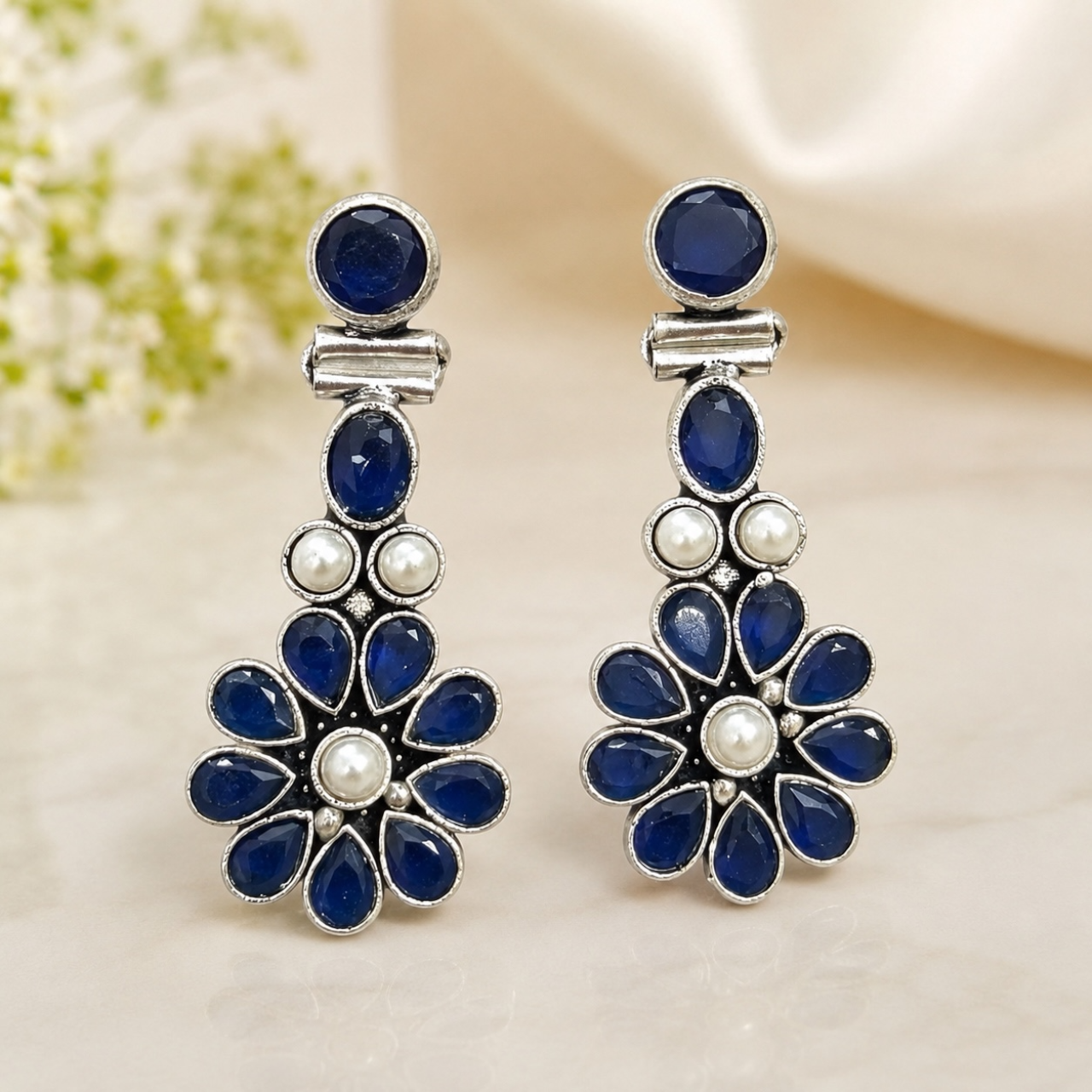 Bloom Brass Earrings - Blue