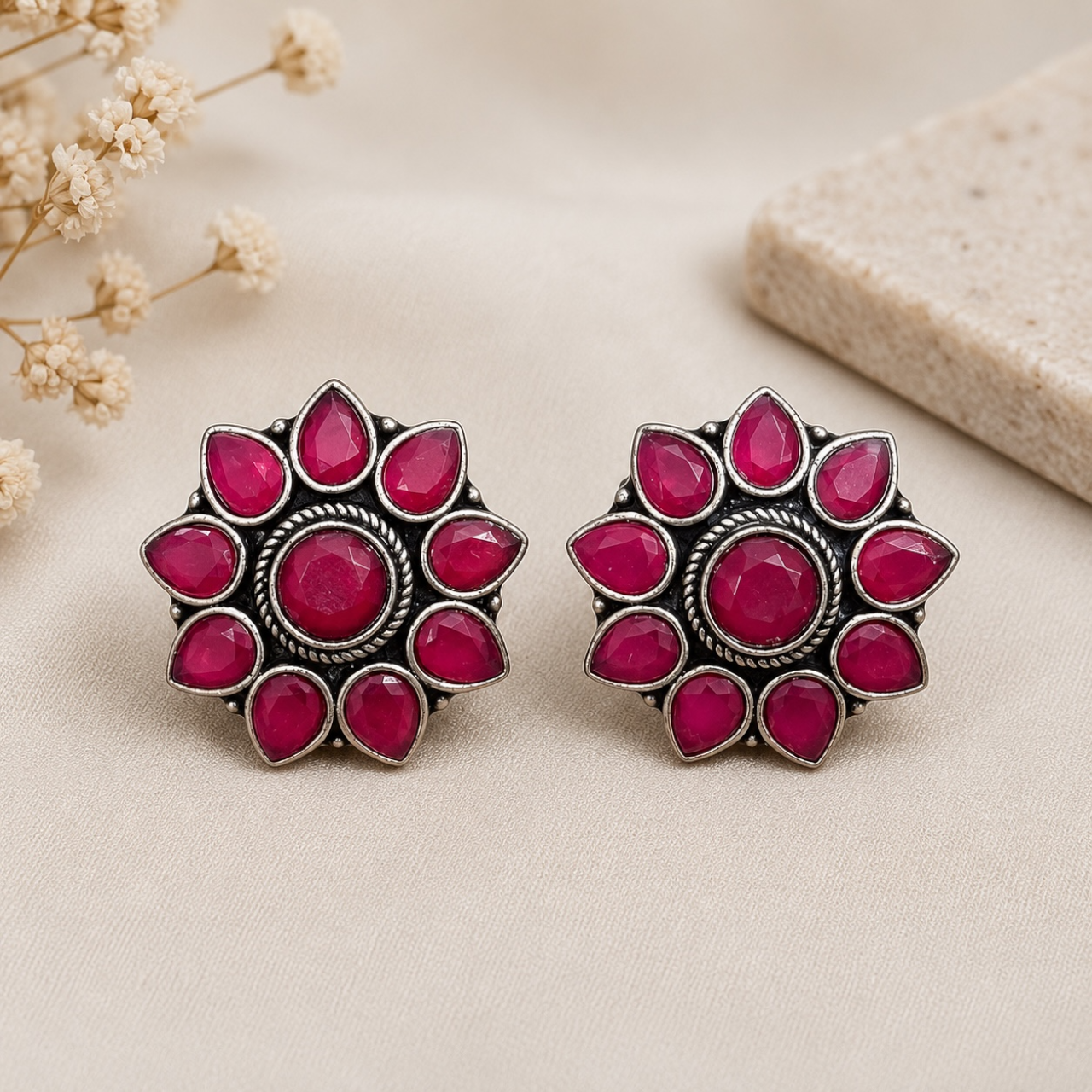 Rose Brass Studs - Ruby