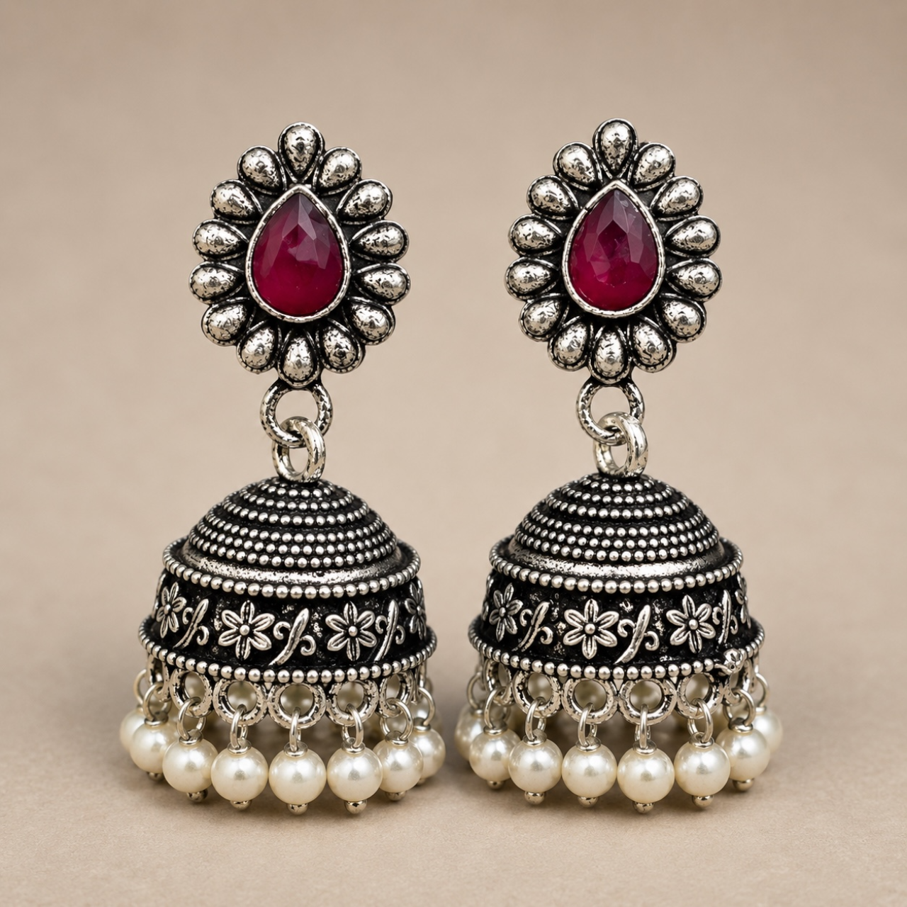 Savi Brass Jhumka - Red