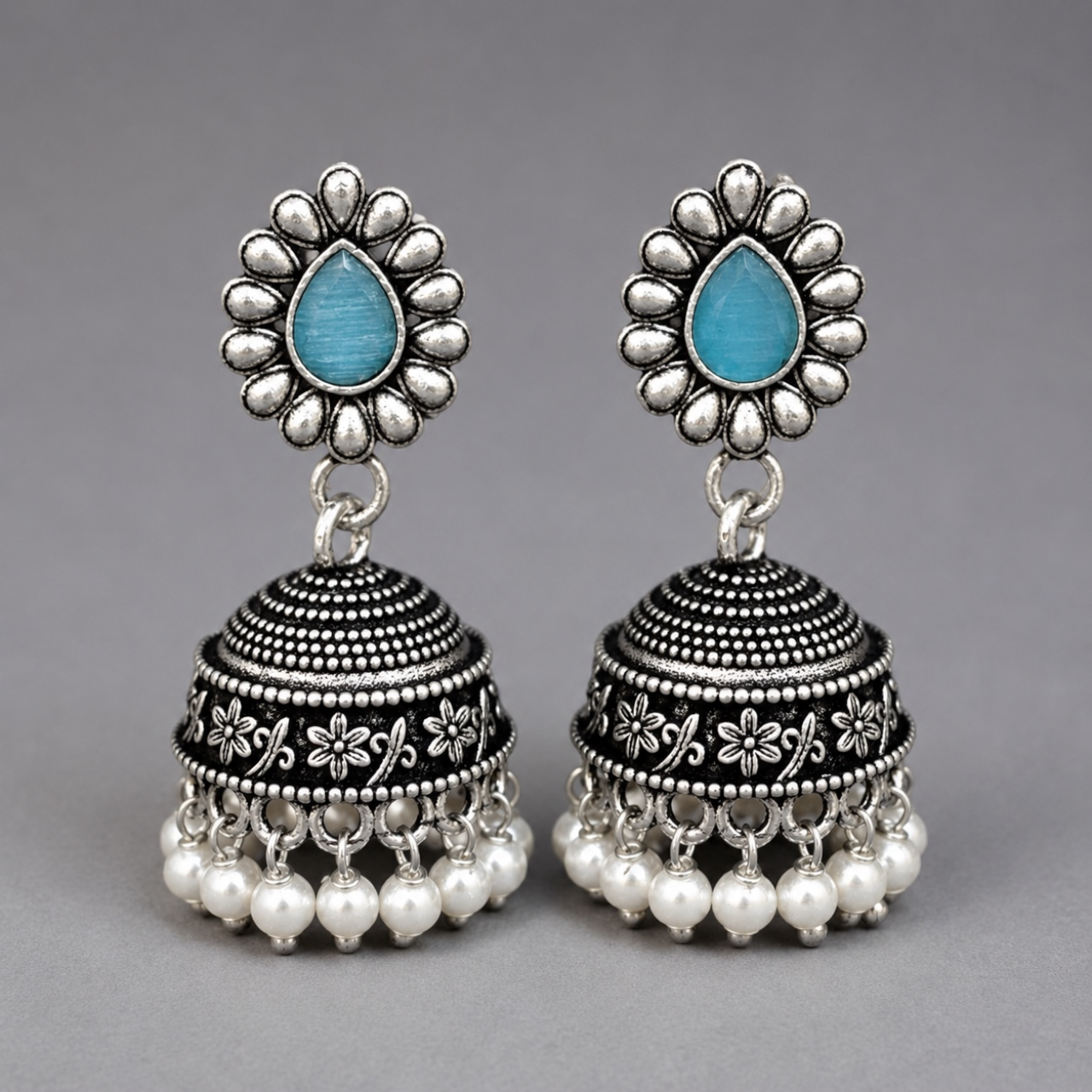 Savi Brass Jhumka - Blue