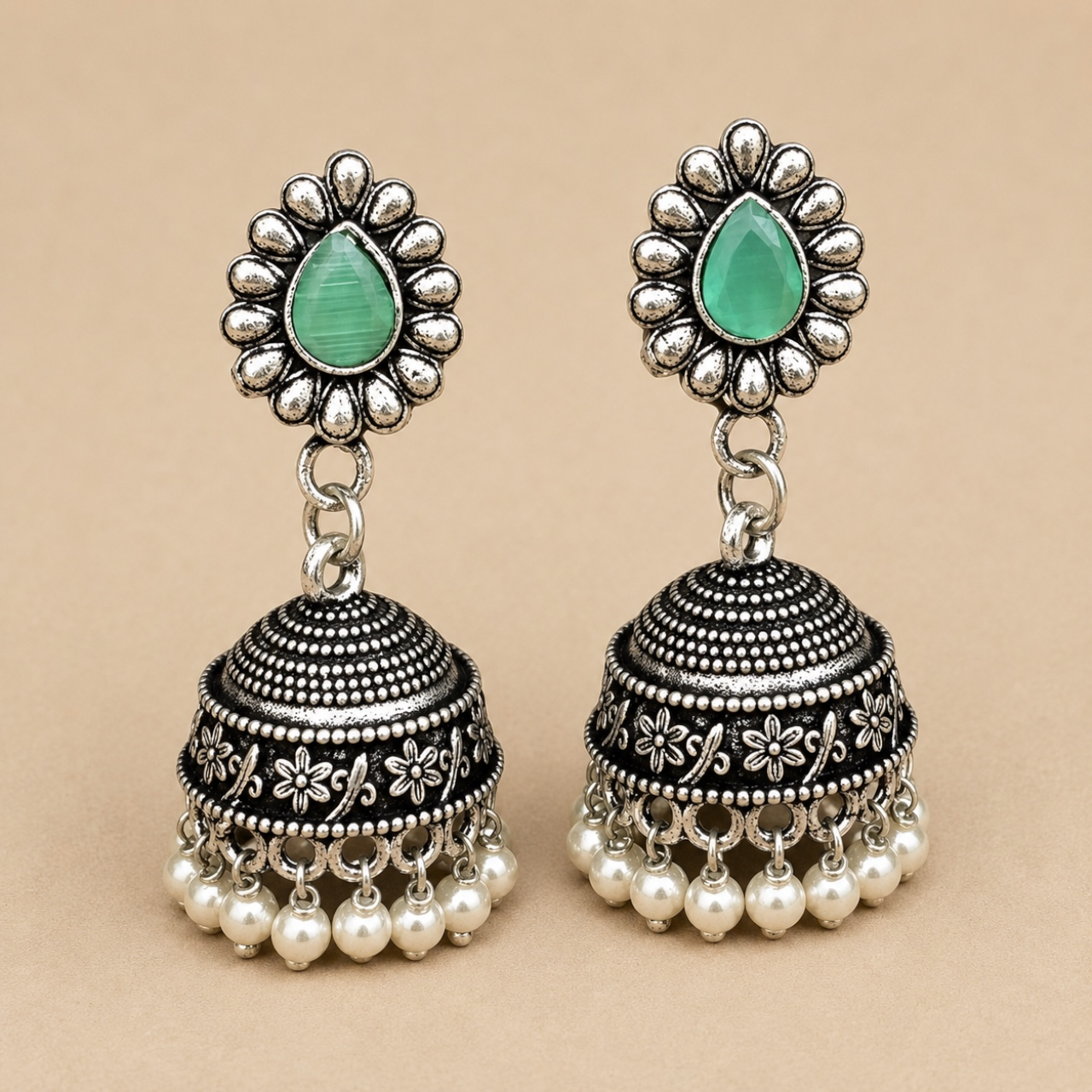 Savi Brass Jhumka - Mint