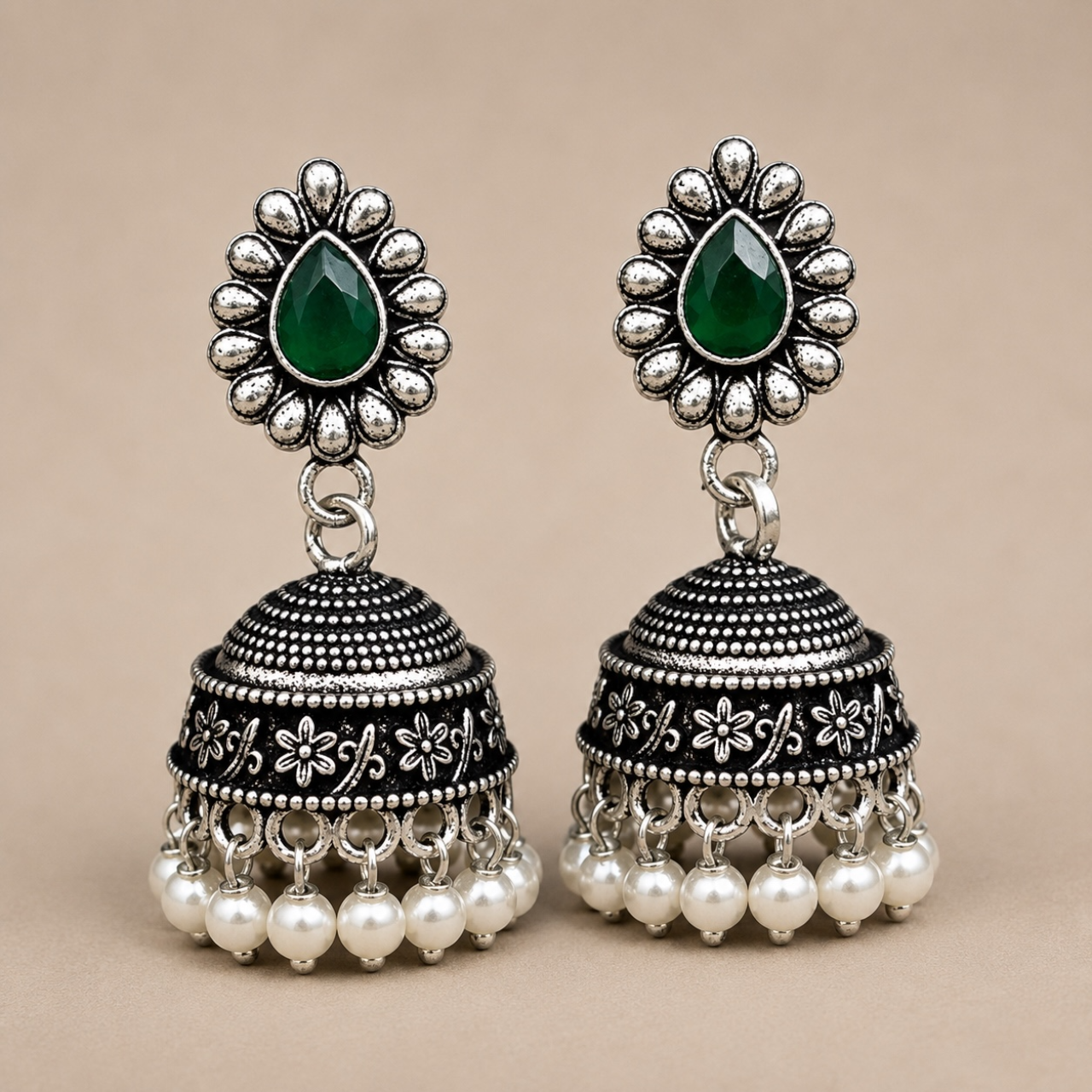 Savi Brass Jhumka - Green