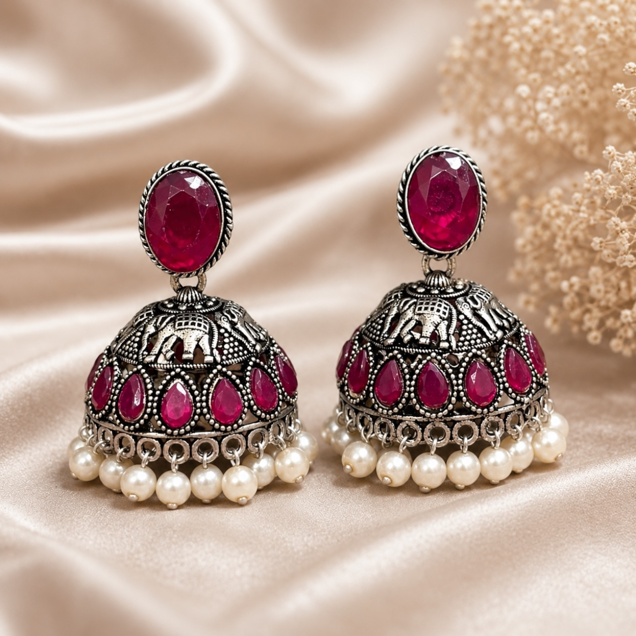 Rahi Brass Jhumka - Ruby