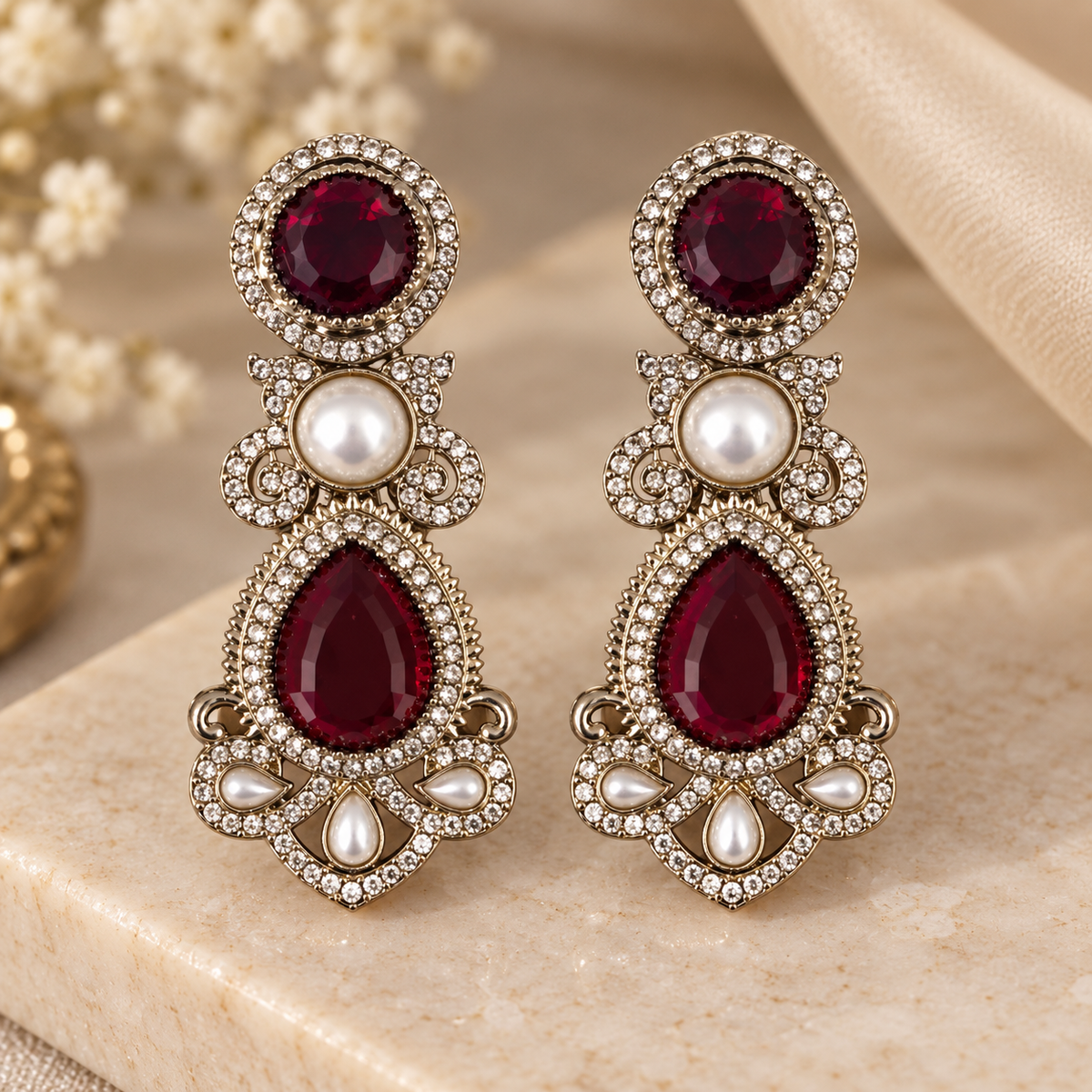 Drop Pearl Earrings - Maroon