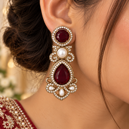 Drop Pearl Earrings - Maroon