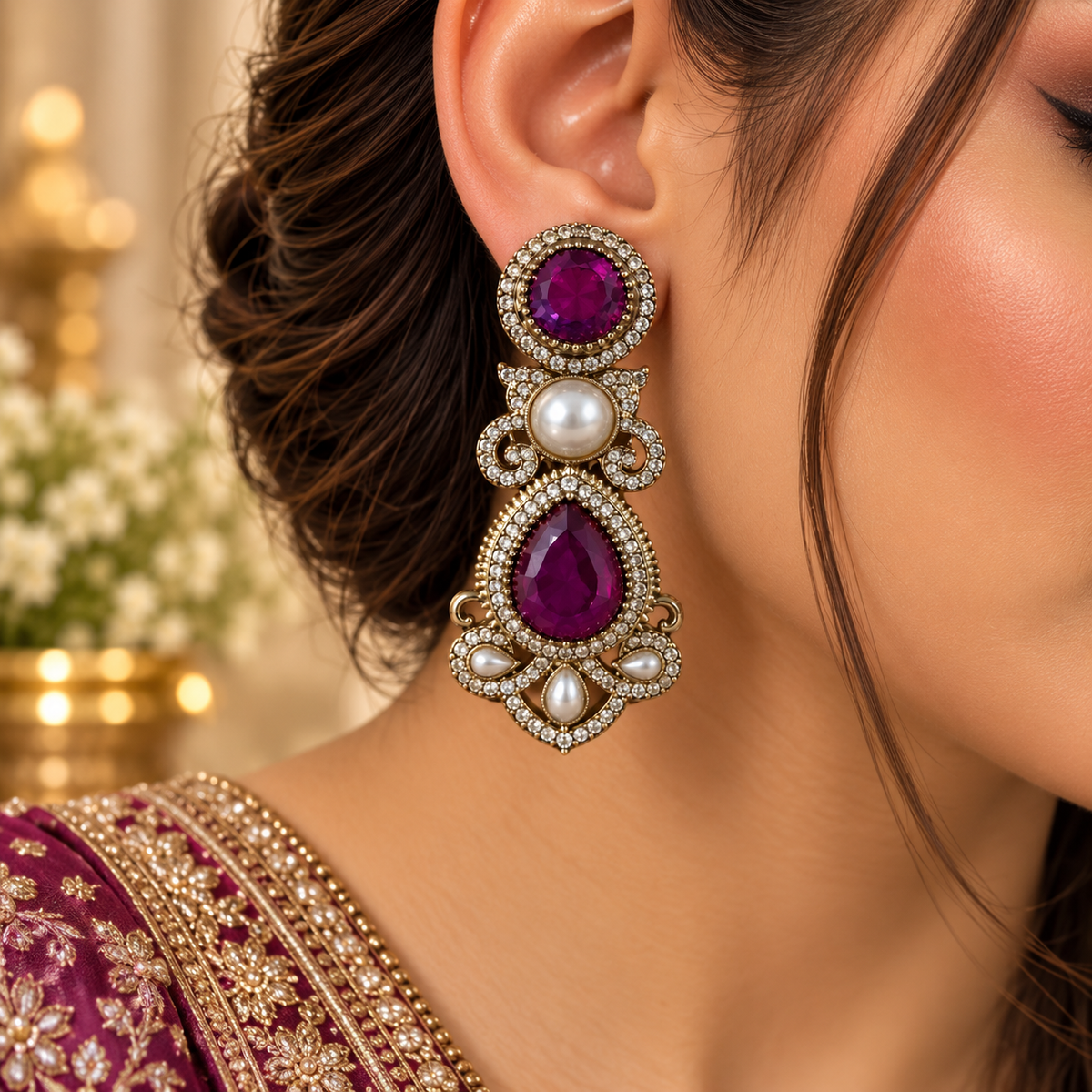 Drop Pearl Earrings - Purple