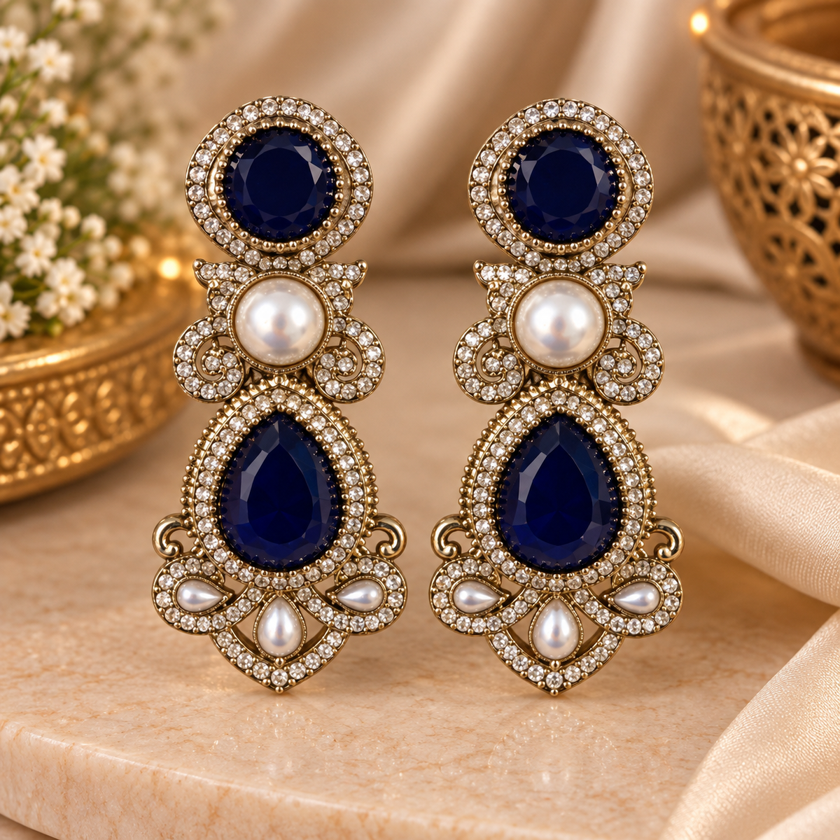 Drop Pearl Earrings - Blue