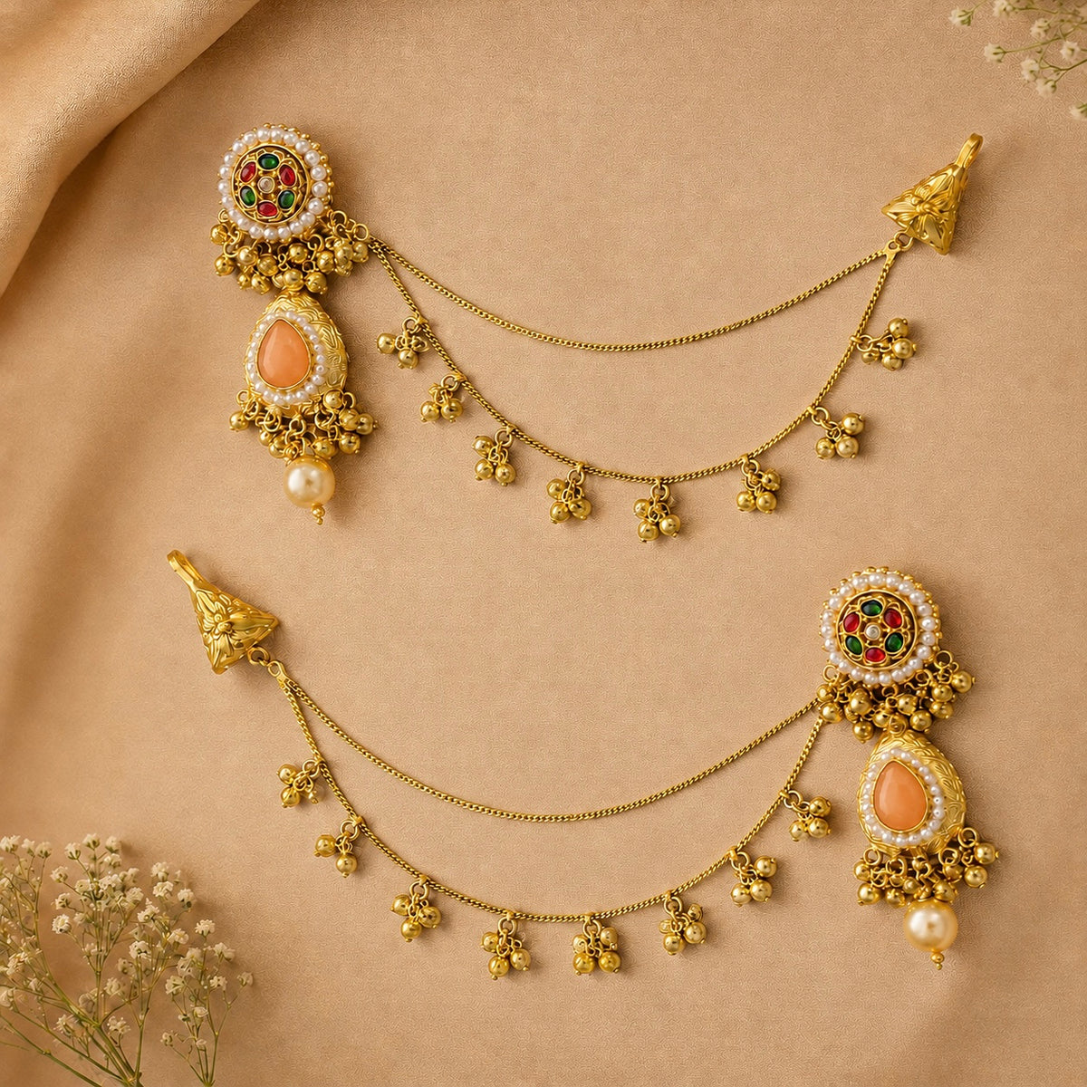 Kashmiri Kaanchain Earrings - Peach