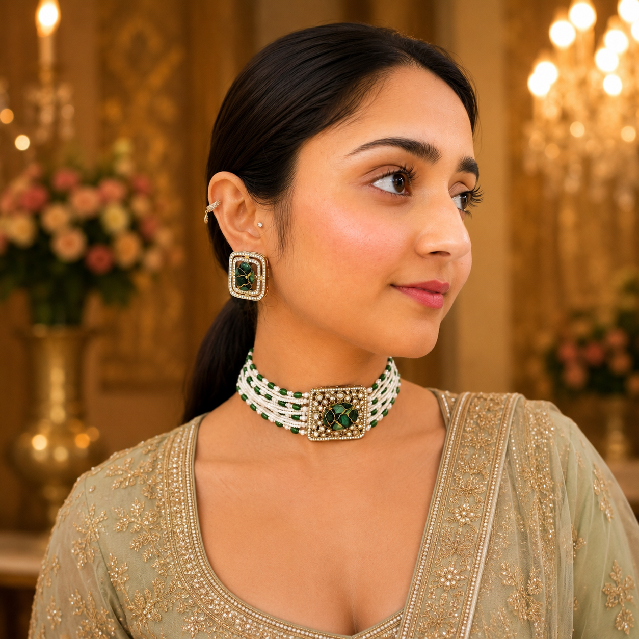 Sunakshi Pearl Choker - Green