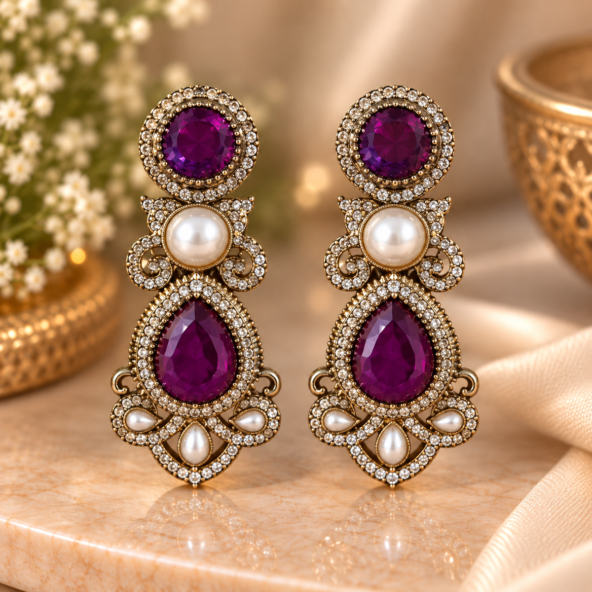 Drop Pearl Earrings - Purple