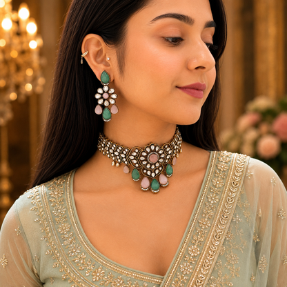 Zara Moissanite Choker - Pink Mint