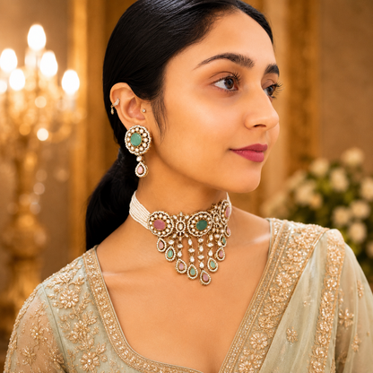 Vrinda Waterfall Choker - Pink Mint