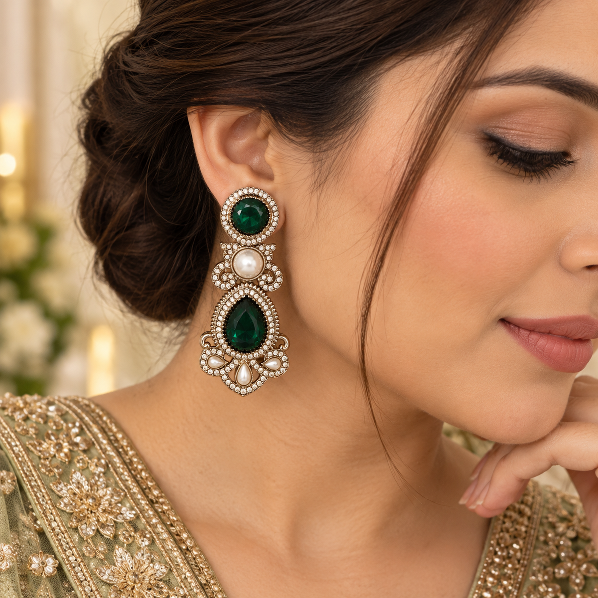 Drop Pearl Earrings - Green