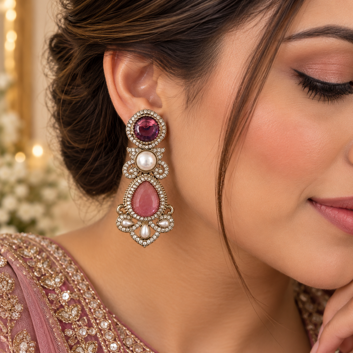Drop Pearl Earrings - Onion Pink