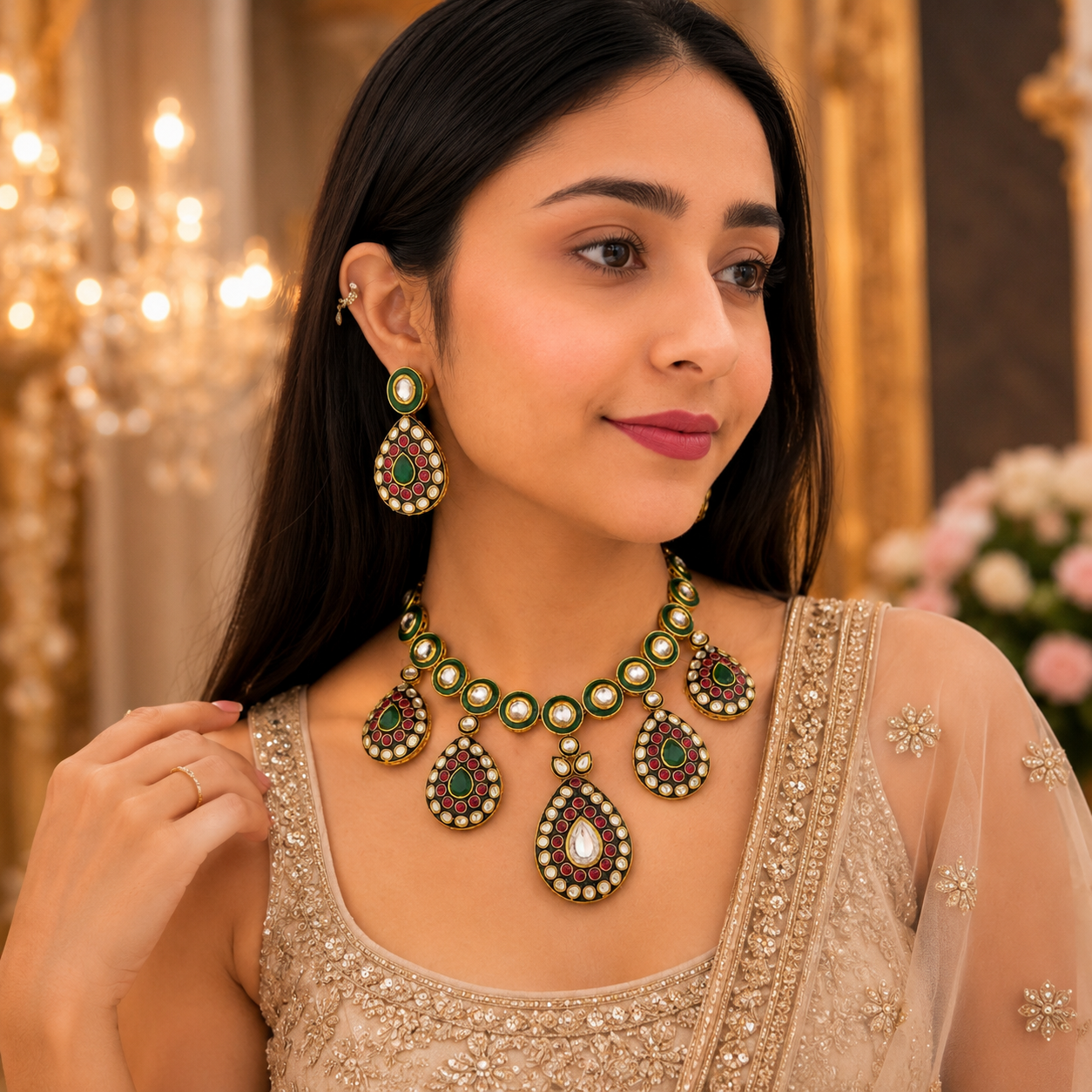 Meena Kundan Necklace - Ruby Green
