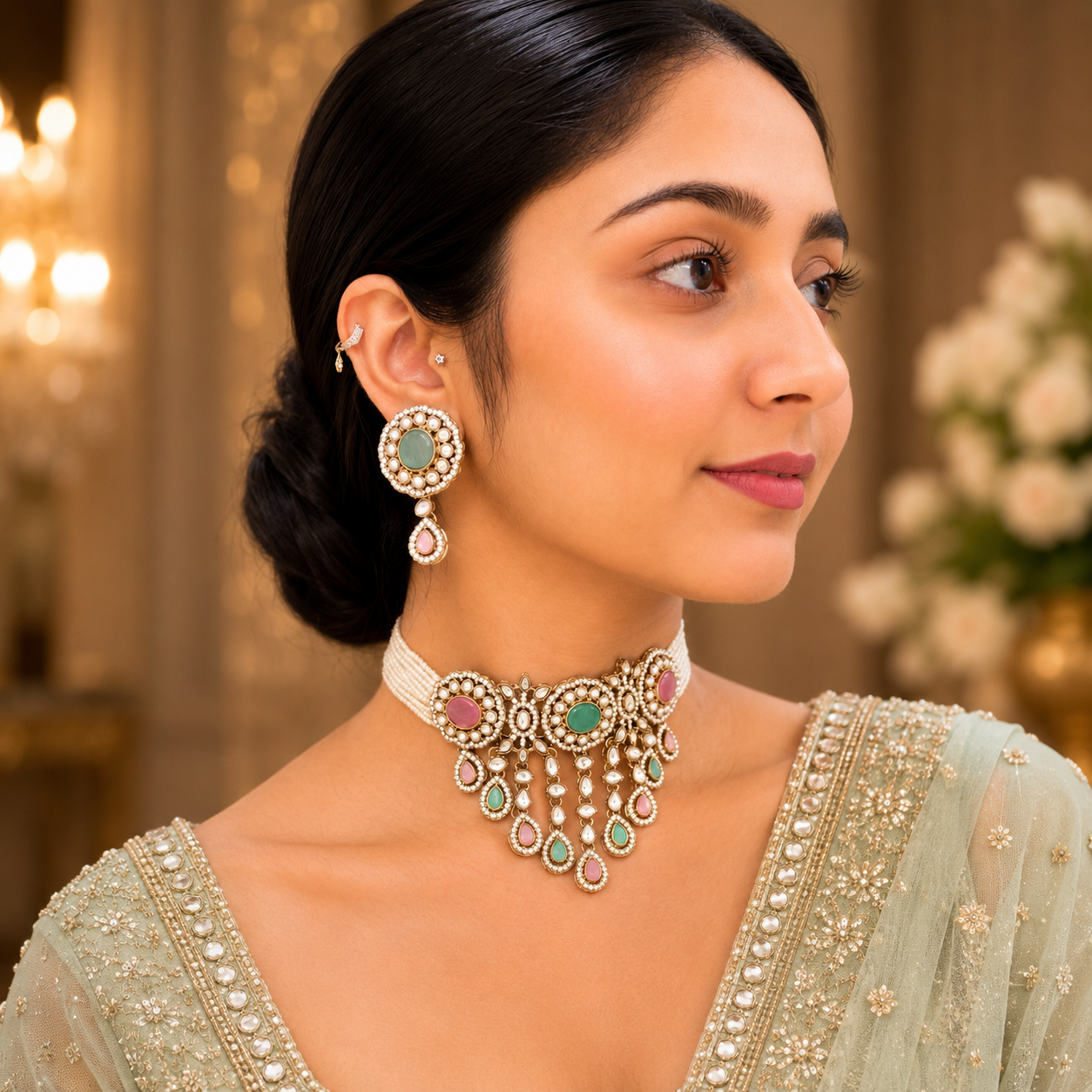 Vrinda Waterfall Choker - Pink Mint