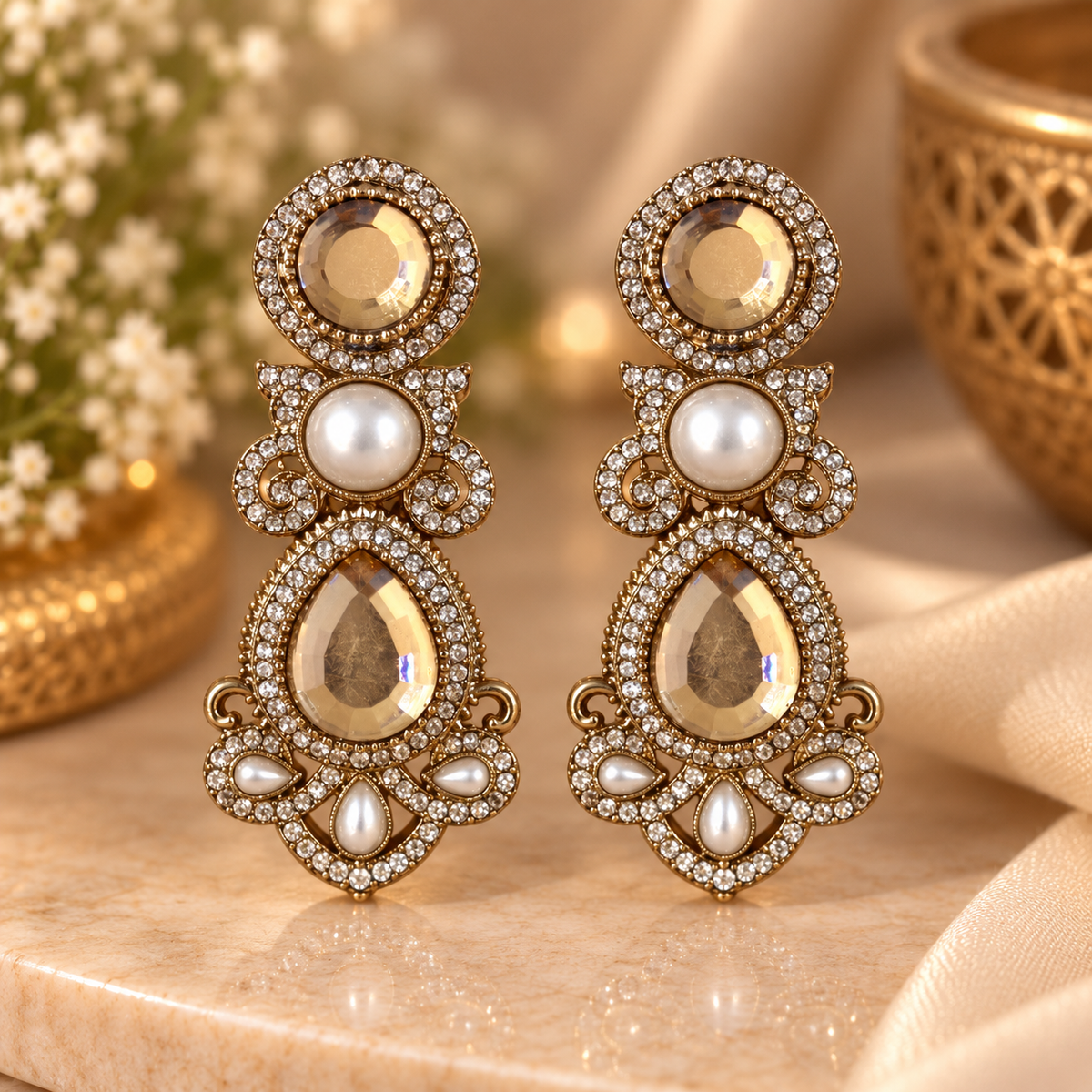Drop Pearl Earrings - Champagne