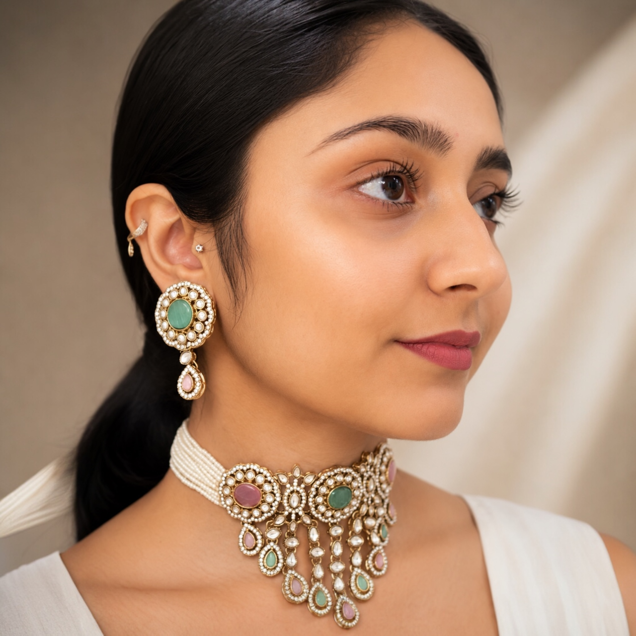 Vrinda Waterfall Choker-Pink Mint