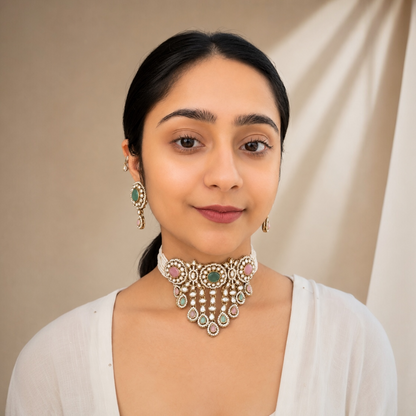 Vrinda Waterfall Choker-Pink Mint
