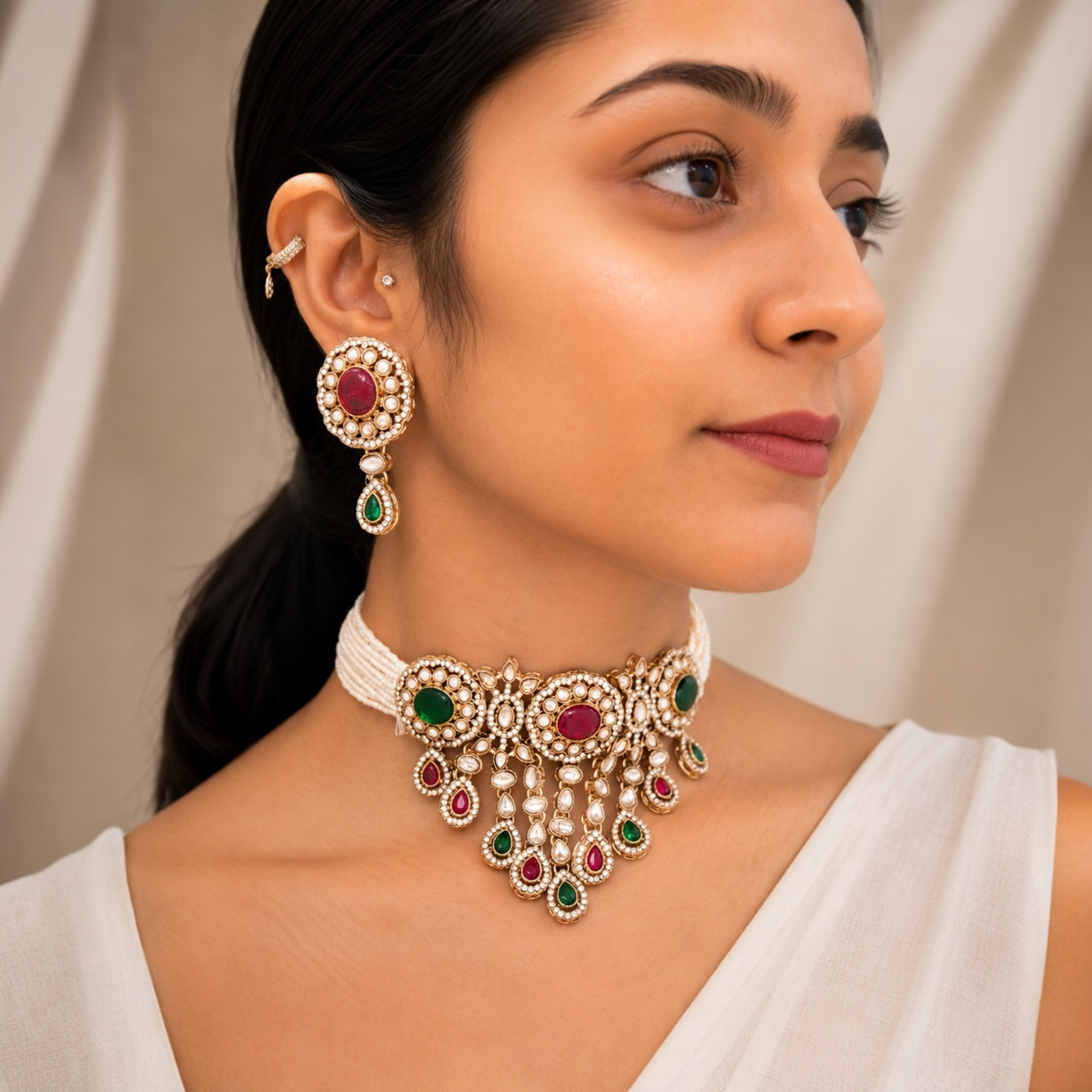 Vrinda Waterfall Choker-Rani Green