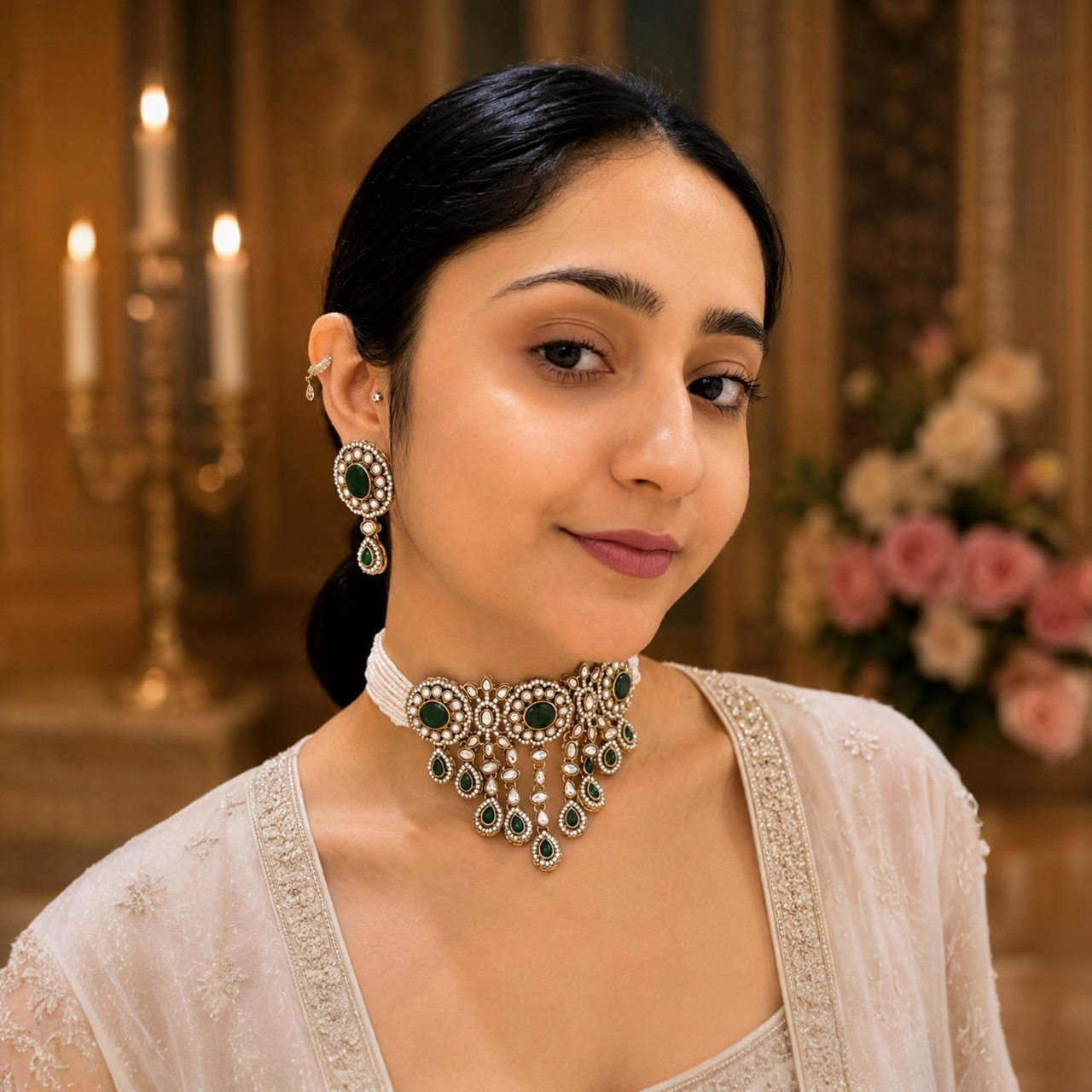 Vrinda Waterfall Choker-Green