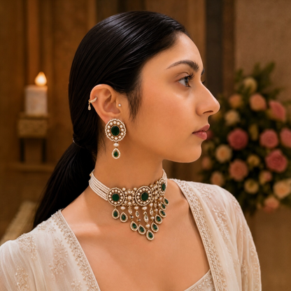 Vrinda Waterfall Choker-Green