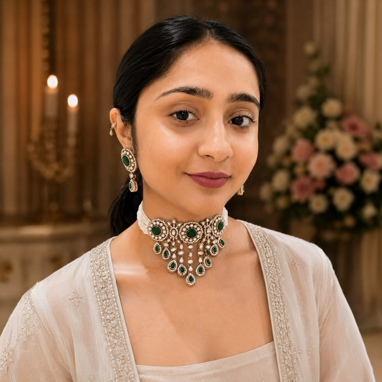 Vrinda Waterfall Choker-Green