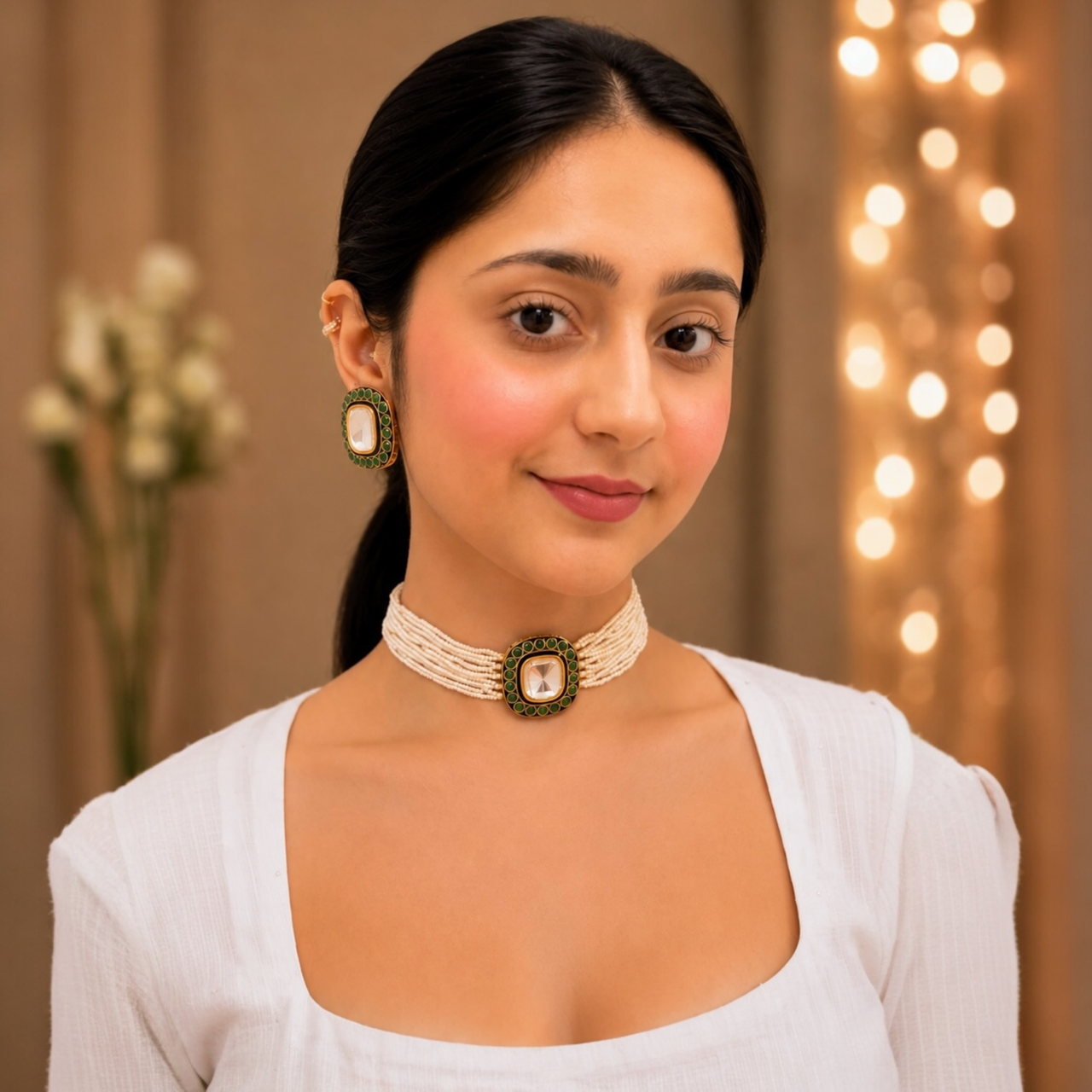Naira Polki Choker - Green
