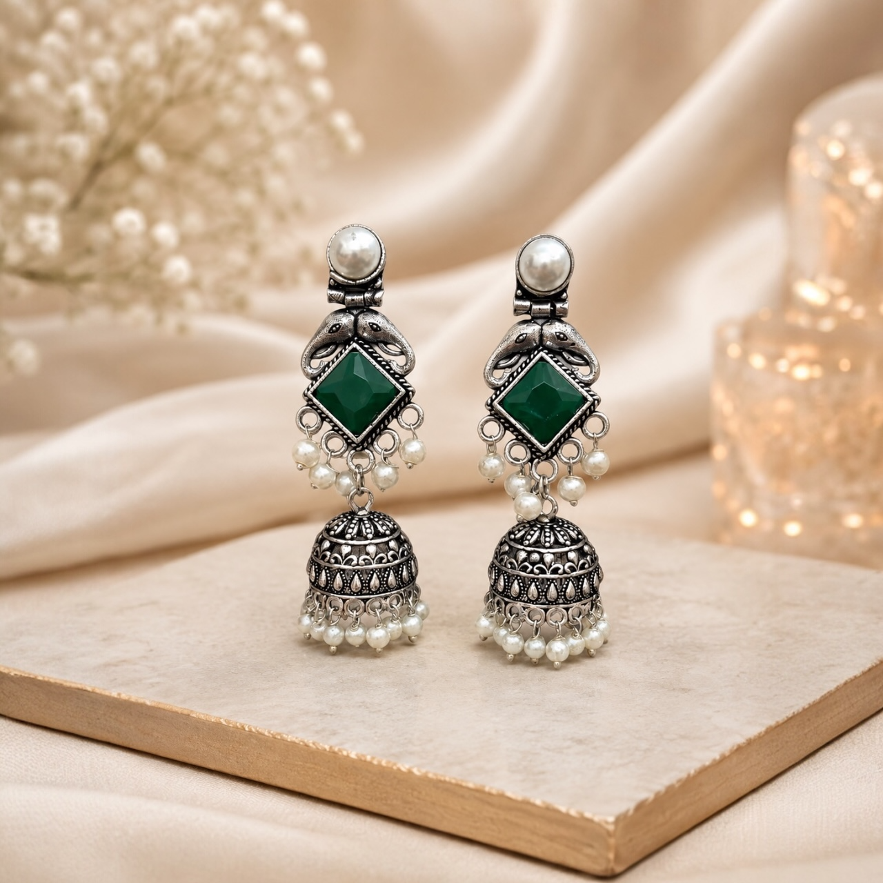 Gaju Brass Jhumka - Green