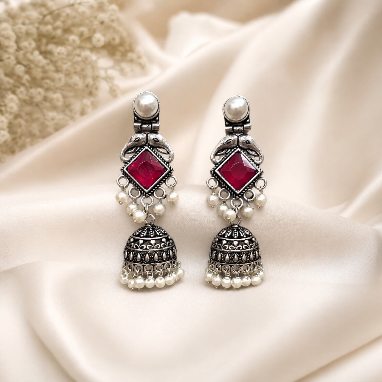 Gaju Brass Jhumka - Red