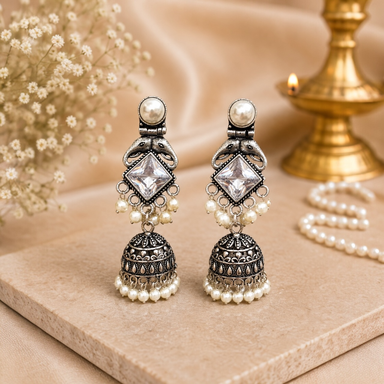 Gaju Brass Jhumka - White