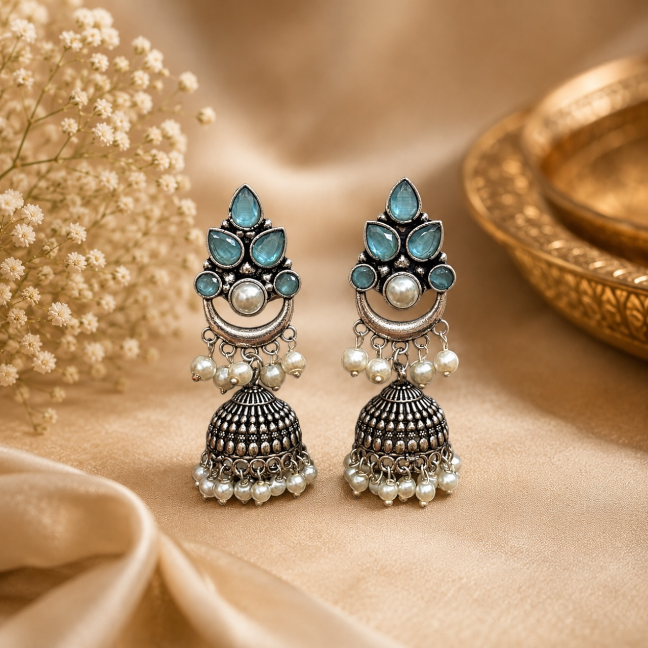 Tiny Brass Earrings - Blue